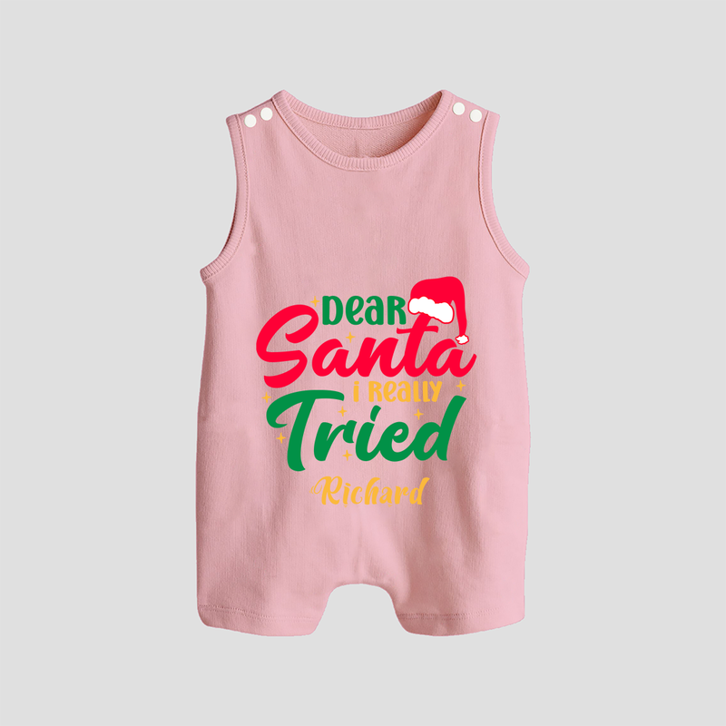 Dear Santa I Really Tried - Customized Christmas Themed Romper Suit For Babies - BABY PINK - 0 - 5 Months Old (Chest 18")