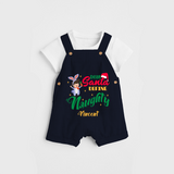 Dear Santa Define Naughty - Customized Christmas Themed Dungaree Set For Kids - NAVY BLUE - 0 - 5 Months Old (Chest 18")