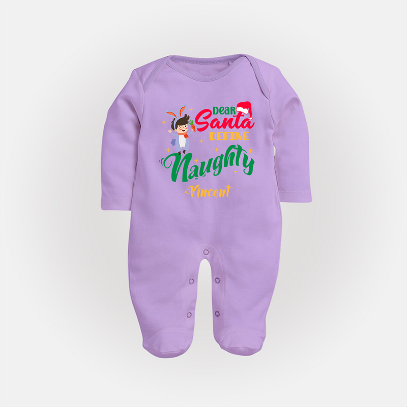 Dear Santa Define Naughty - Customized Christmas Themed Sleep Suit For Babies - LILAC - New Born (Chest 7.5")