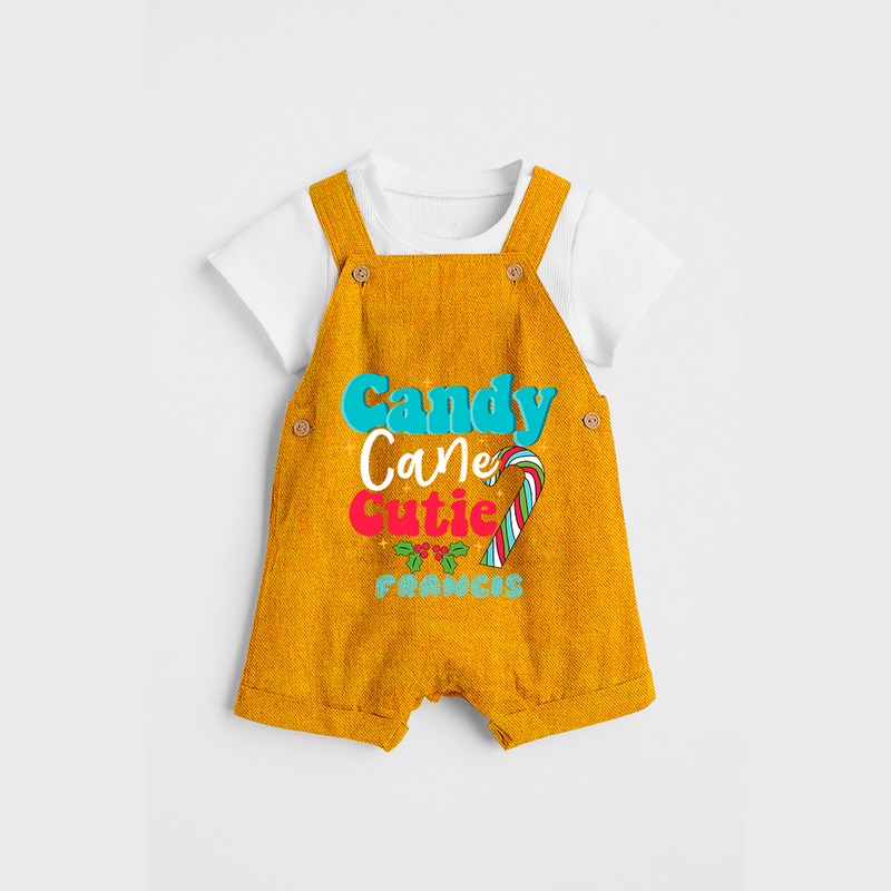 Candy Cane Cutie - Customized Christmas Themed Dungaree Set For Kids - CHROME YELLOW - 0 - 5 Months Old (Chest 18")