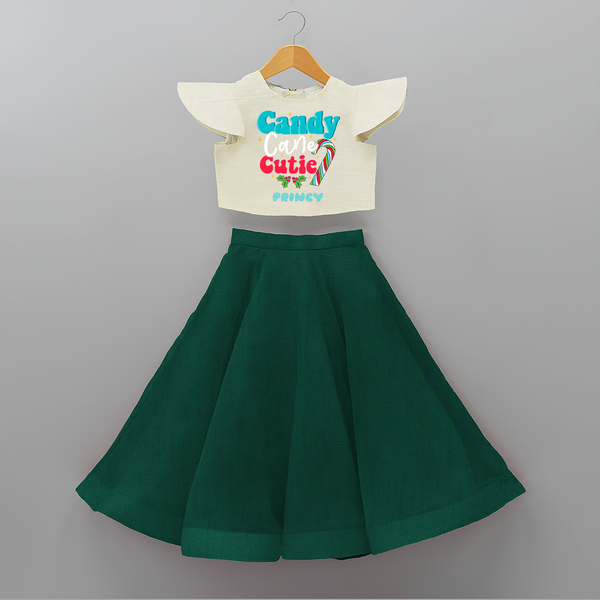 Candy Cane Cutie - Customized Christmas Themed Crop Top And Skirt For Kids - BOTTLE GREEN - 6 - 9 Months Old (Chest 20" , Frock Waist 20")