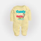 Candy Cane Cutie - Customized Christmas Themed Sleep Suit For Babies - PASTEL YELLOW - New Born (Chest 7.5")