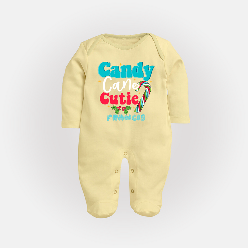 Candy Cane Cutie - Customized Christmas Themed Sleep Suit For Babies - PASTEL YELLOW - New Born (Chest 7.5")