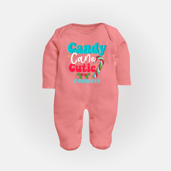 Candy Cane Cutie - Customized Christmas Themed Sleep Suit For Babies - PEACH - New Born (Chest 7.5")