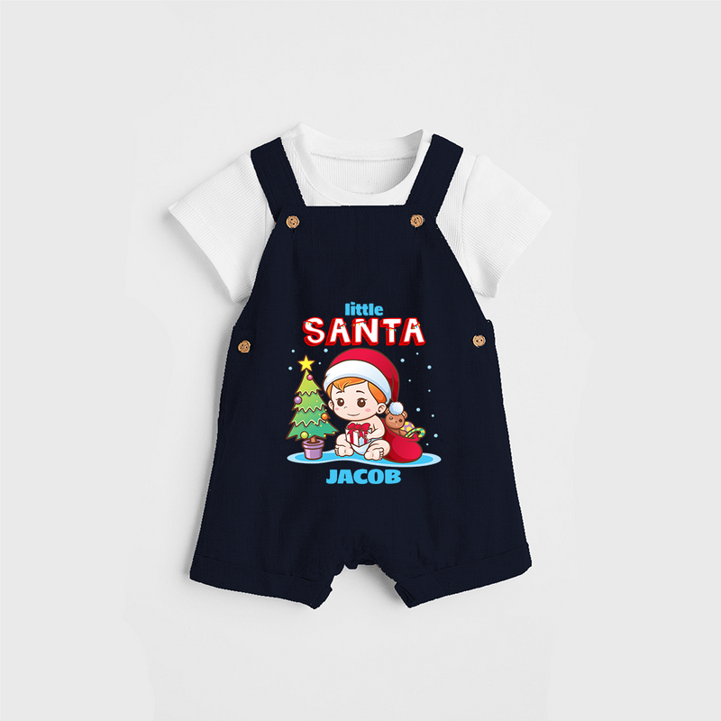 Little Santa - Customized Christmas Themed Dungaree Set For Boys - NAVY BLUE - 0 - 5 Months Old (Chest 18")