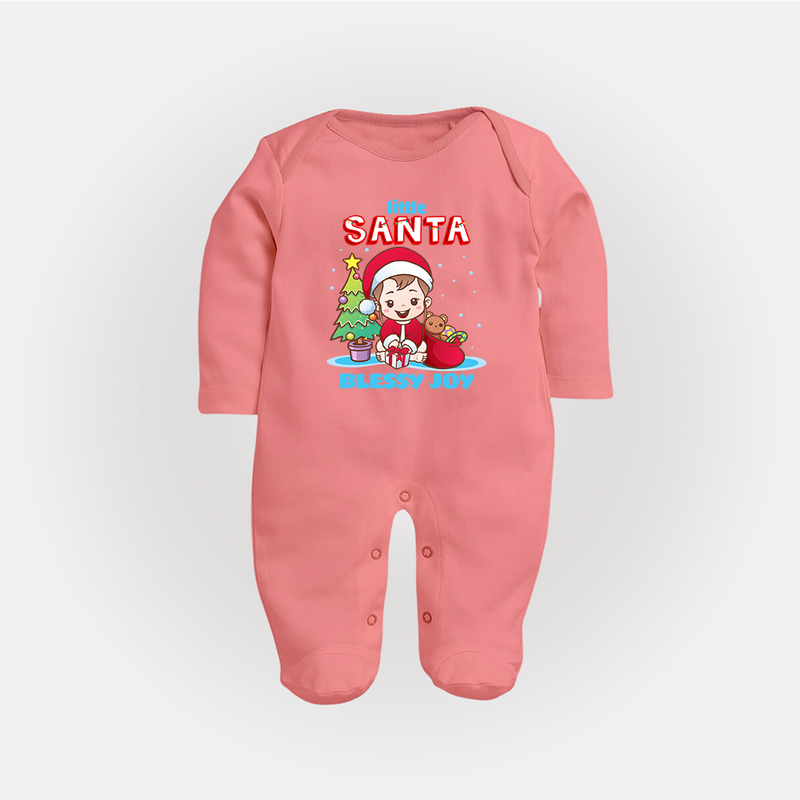 Little Santa - Customized Christmas Themed Sleep Suit For Girls - PEACH - New Born (Chest 7.5")