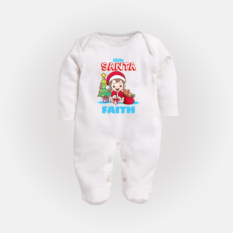 Little Santa Sleep Suit / Full Sleeve Bodysuit |  Personalized Baby Holiday Outfit - WHITE - New Born (Chest 7.5")