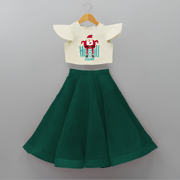 Ho-Ho-Ho - Customized Christmas Themed Crop Top And Skirt For Kids - BOTTLE GREEN - 6 - 9 Months Old (Chest 20" , Frock Waist 20")