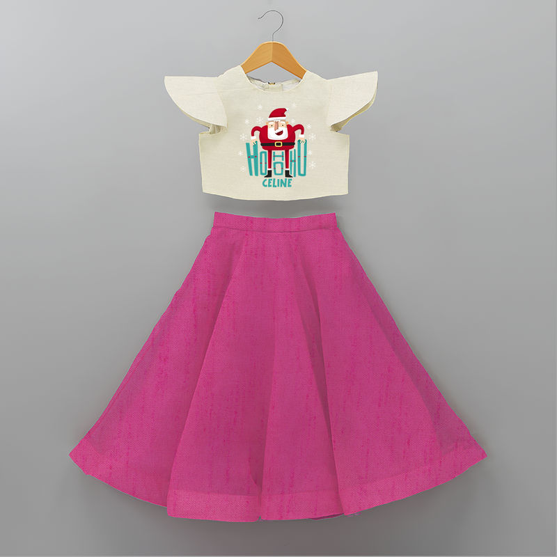 Ho-Ho-Ho - Customized Christmas Themed Crop Top And Skirt For Kids - FUSCHIA - 6 - 9 Months Old (Chest 20" , Frock Waist 20")