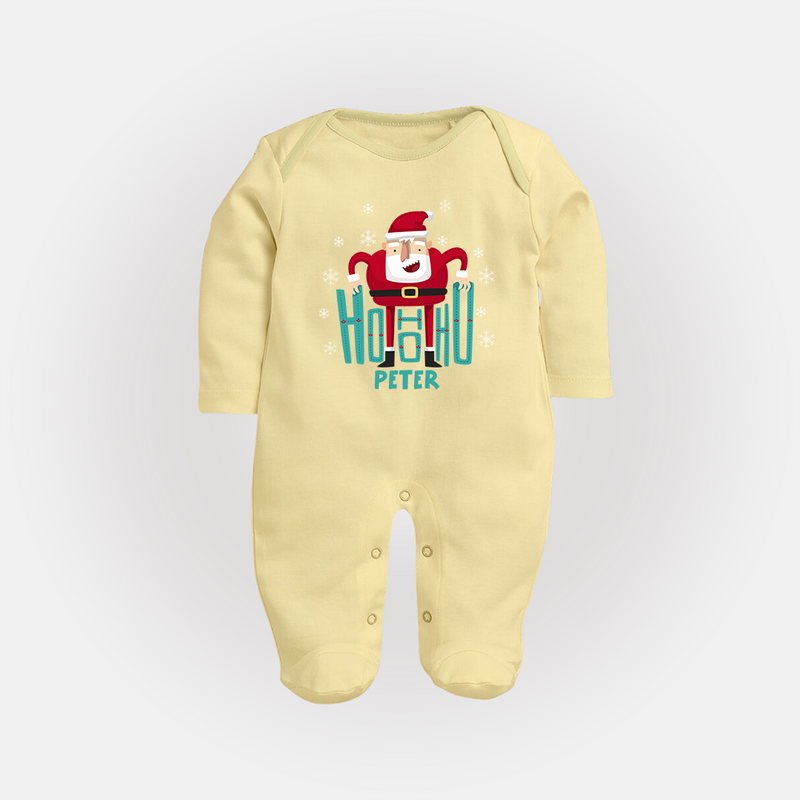 Ho-Ho-Ho - Customized Christmas Themed Sleep Suit For Babies - PASTEL YELLOW - New Born (Chest 7.5")