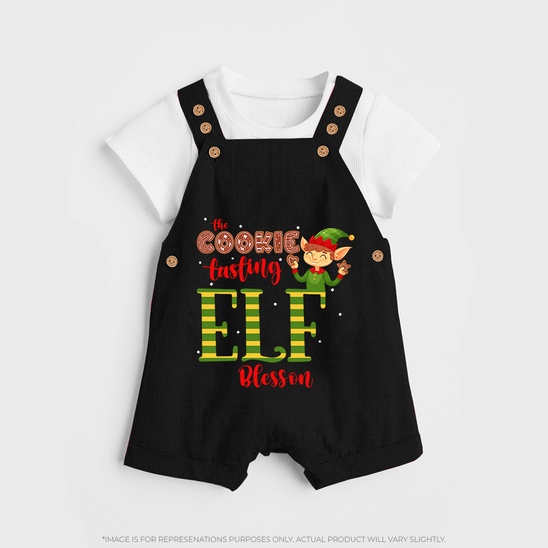 The Cookie Tasting Elf - Customized Christmas Themed Dungaree Set For Kids - BLACK - 0 - 5 Months Old (Chest 18")