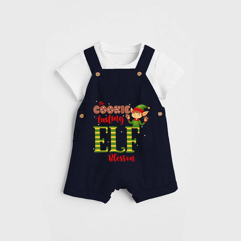 The Cookie Tasting Elf - Customized Christmas Themed Dungaree Set For Kids - NAVY BLUE - 0 - 5 Months Old (Chest 18")