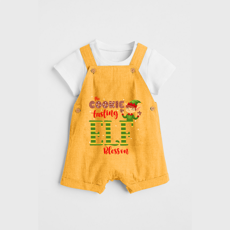 The Cookie Tasting Elf - Customized Christmas Themed Dungaree Set For Kids - PASTEL YELLOW - 0 - 5 Months Old (Chest 18")