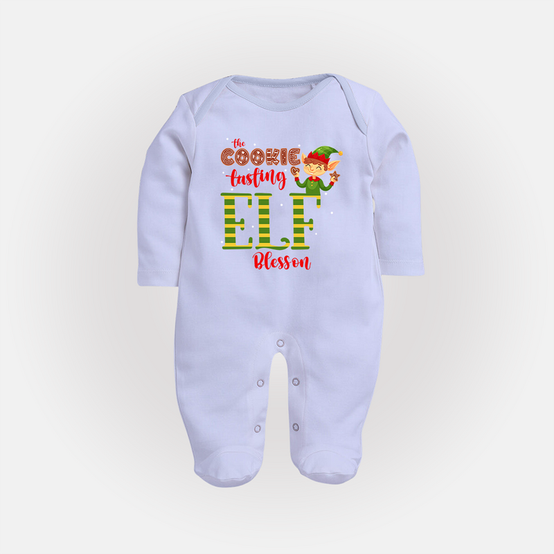 The Cookie Tasting Elf - Customized Christmas Themed Sleep Suit For Babies - BABY BLUE - New Born (Chest 7.5")