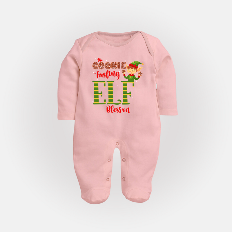 The Cookie Tasting Elf - Customized Christmas Themed Sleep Suit For Babies - BABY PINK - New Born (Chest 7.5")