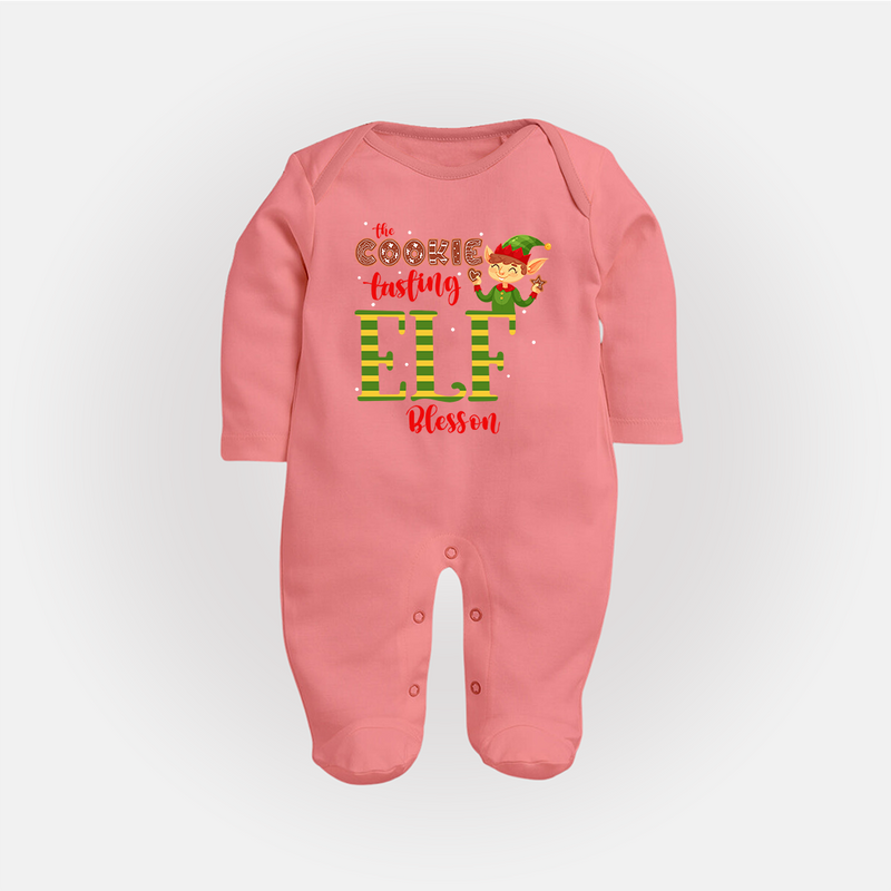 The Cookie Tasting Elf - Customized Christmas Themed Sleep Suit For Babies - PEACH - New Born (Chest 7.5")