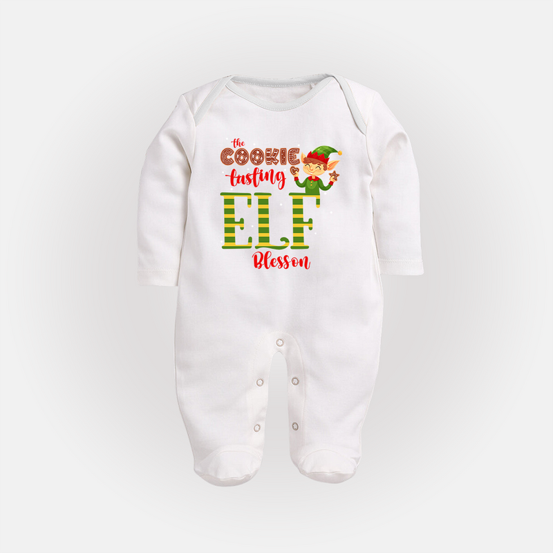 The Cookie Tasting Elf - Customized Christmas Themed Sleep Suit For Babies - WHITE - New Born (Chest 7.5")