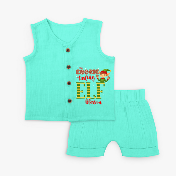 The Cookie Tasting Elf - Customized Christmas Themed Jabla Set For Kids - AQUA GREEN - 0 - 3 Months Old (Chest 9.8")