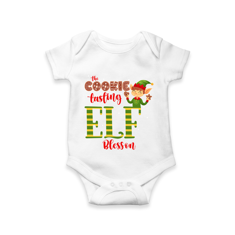 The Cookie Tasting Elf - Customized Christmas Themed Romper For Babies - WHITE - 0 - 3 Months Old (Chest 16")