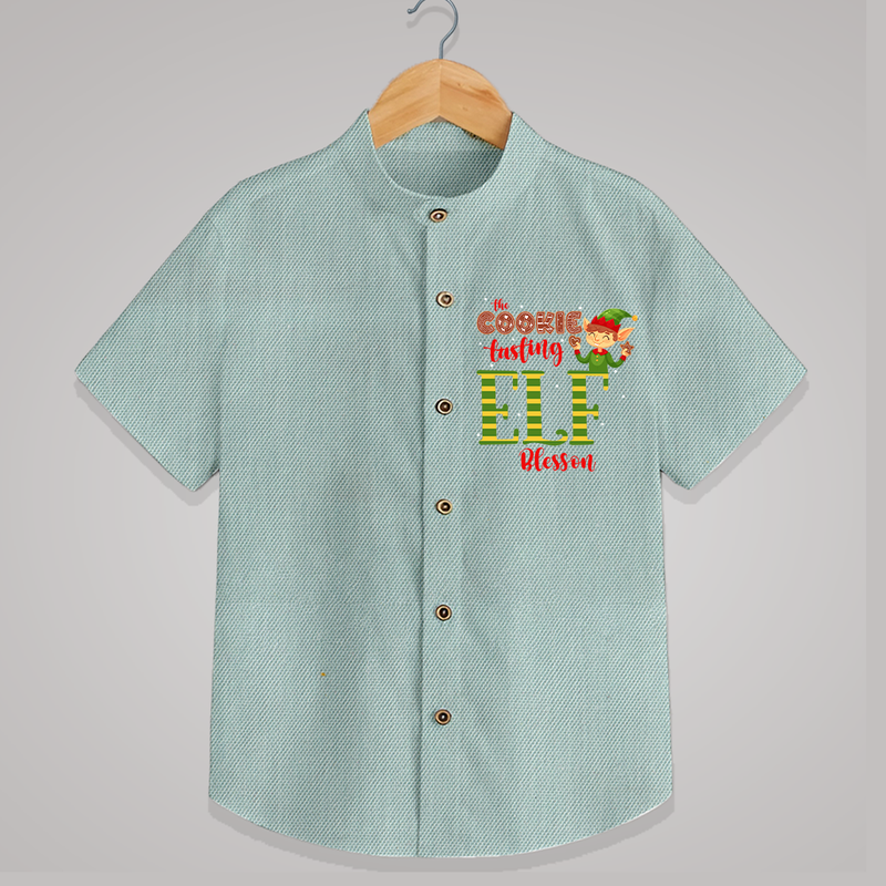 The Cookie Tasting Elf - Customized Christmas Themed Shirt For Kids - ARCTIC BLUE - 0 - 6 Months Old (Chest 23")