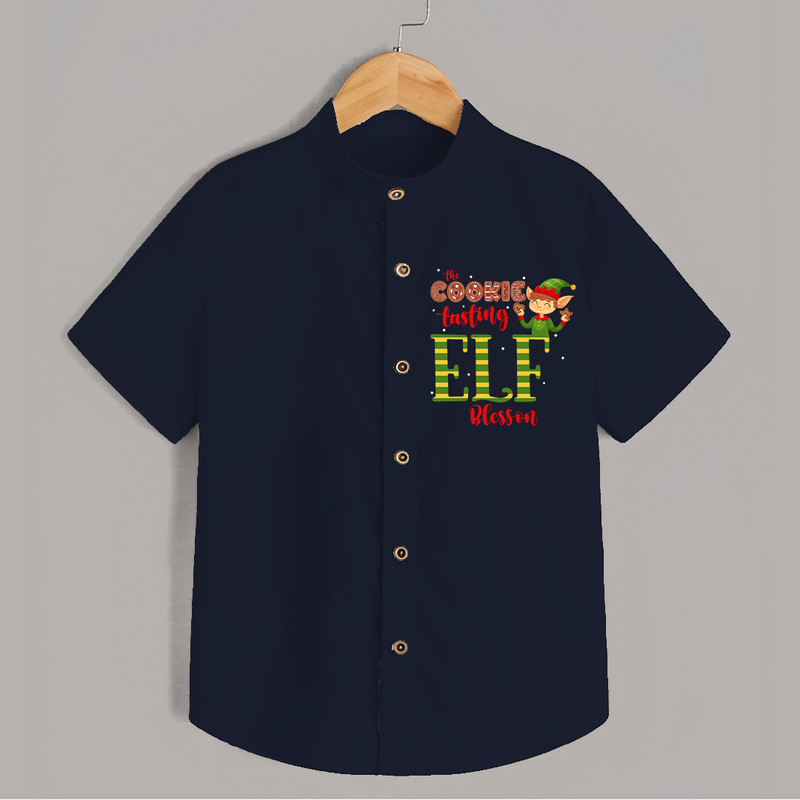 The Cookie Tasting Elf - Customized Christmas Themed Shirt For Kids - NAVY BLUE - 0 - 6 Months Old (Chest 23")