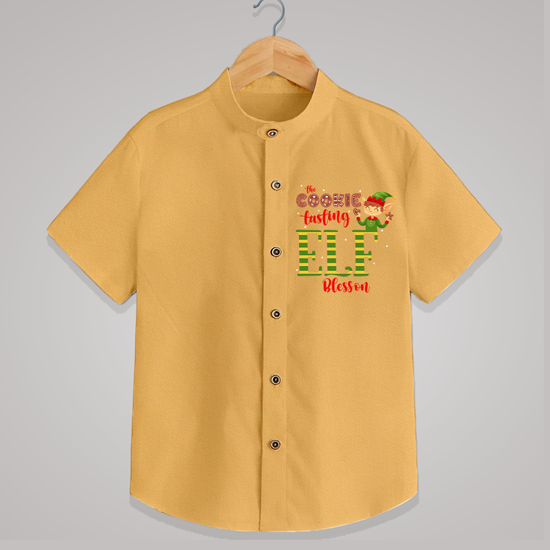 The Cookie Tasting Elf - Customized Christmas Themed Shirt For Kids - PASTEL YELLOW - 0 - 6 Months Old (Chest 23")