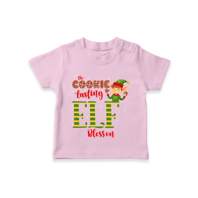 The Cookie Tasting Elf - Customized Christmas Themed T-Shirt For Kids - PINK - 0-5 Months Old (Chest 17")