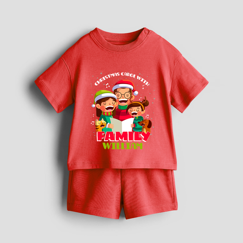 Christmas Carol With Family - Customized Christmas Themed Co-ord Set For Kids - RED - 0-5 months old  (Chest 18")