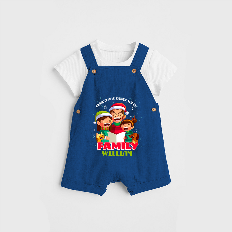 Christmas Carol With Family - Customized Christmas Themed Dungaree Set For Kids - COBALT BLUE - 0 - 5 Months Old (Chest 18")