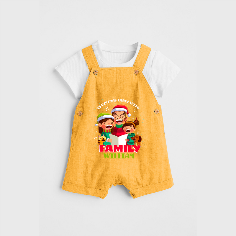 Christmas Carol With Family - Customized Christmas Themed Dungaree Set For Kids - PASTEL YELLOW - 0 - 5 Months Old (Chest 18")