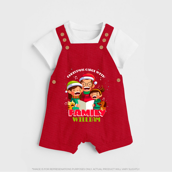 Christmas Carol With Family - Customized Christmas Themed Dungaree Set For Kids - RED - 0 - 5 Months Old (Chest 18")