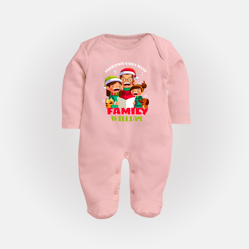 Christmas Carol With Family - Customized Christmas Themed Sleep Suit For Babies - BABY PINK - New Born (Chest 7.5")