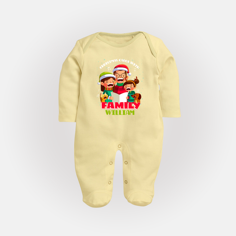 Christmas Carol With Family - Customized Christmas Themed Sleep Suit For Babies - PASTEL YELLOW - New Born (Chest 7.5")