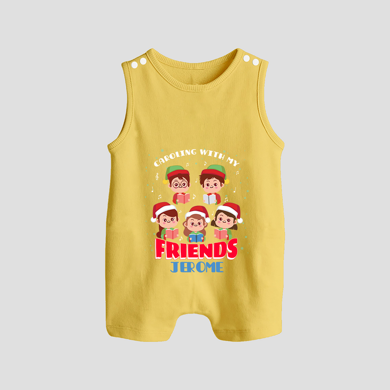 Caroling With My Friends - Customized Christmas Themed Romper Suit For Babies - PASTEL YELLOW - 0 - 5 Months Old (Chest 18")