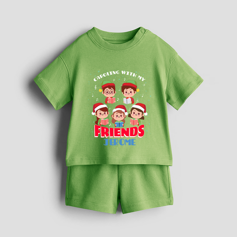 Caroling With My Friends - Customized Christmas Themed Co-ord Set For Kids - KIWI GREEN - 0-5 months old  (Chest 18")