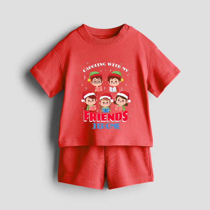 Caroling With My Friends - Customized Christmas Themed Co-ord Set For Kids - RED - 0-5 months old  (Chest 18")