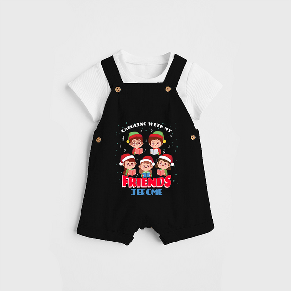 Caroling With My Friends - Customized Christmas Themed Dungaree Set For Kids - BLACK - 0 - 5 Months Old (Chest 18")