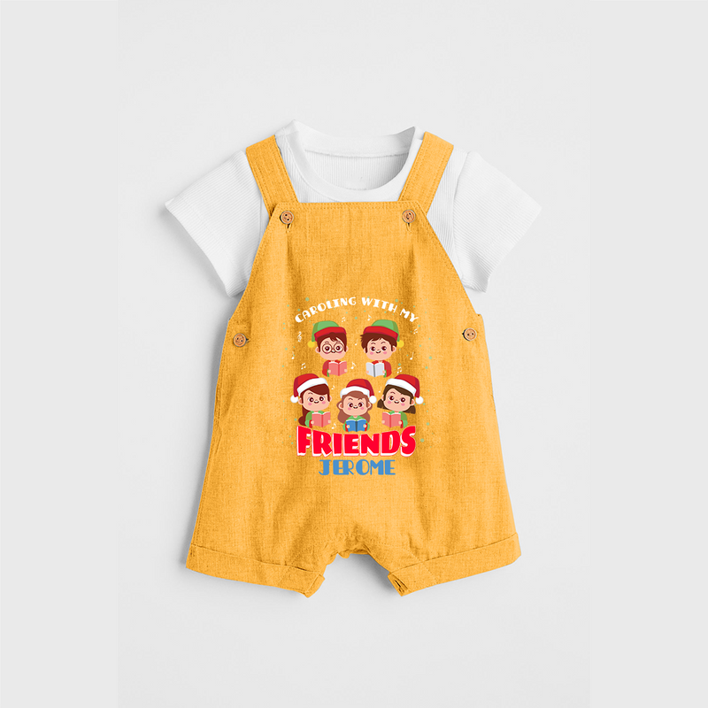 Caroling With My Friends - Customized Christmas Themed Dungaree Set For Kids - PASTEL YELLOW - 0 - 5 Months Old (Chest 18")