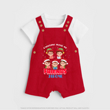 Caroling With My Friends - Customized Christmas Themed Dungaree Set For Kids - RED - 0 - 5 Months Old (Chest 18")