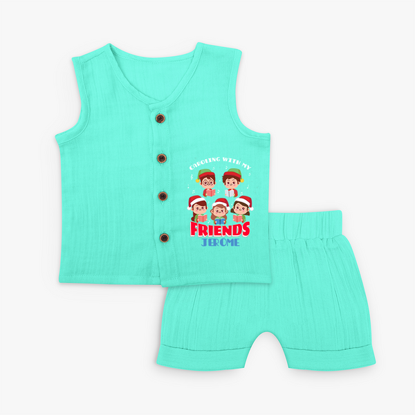 Caroling With My Friends - Customized Christmas Themed Jabla Set For Kids - AQUA GREEN - 0 - 3 Months Old (Chest 9.8")