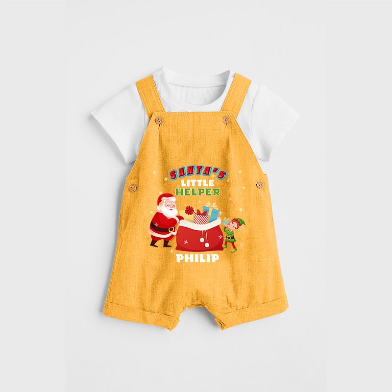 Santa's Little Helper - Customized Christmas Themed Dungaree Set For Kids - PASTEL YELLOW - 0 - 5 Months Old (Chest 18")