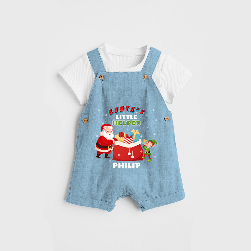 Santa's Little Helper - Customized Christmas Themed Dungaree Set For Kids - SKY BLUE - 0 - 5 Months Old (Chest 18")