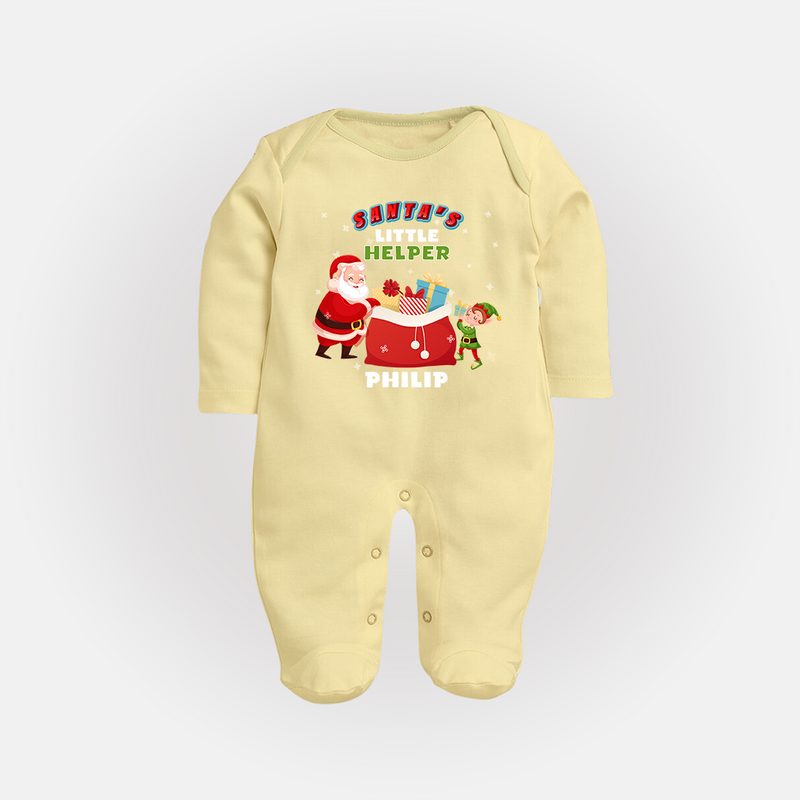 Santa's Little Helper - Customized Christmas Themed Sleep Suit For Babies - PASTEL YELLOW - New Born (Chest 7.5")