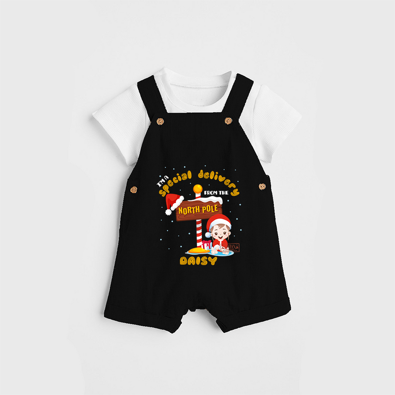 I'm A Special Delivery From The North Pole - Customized Christmas Themed Dungaree Set For Kids - BLACK - 0 - 5 Months Old (Chest 18")