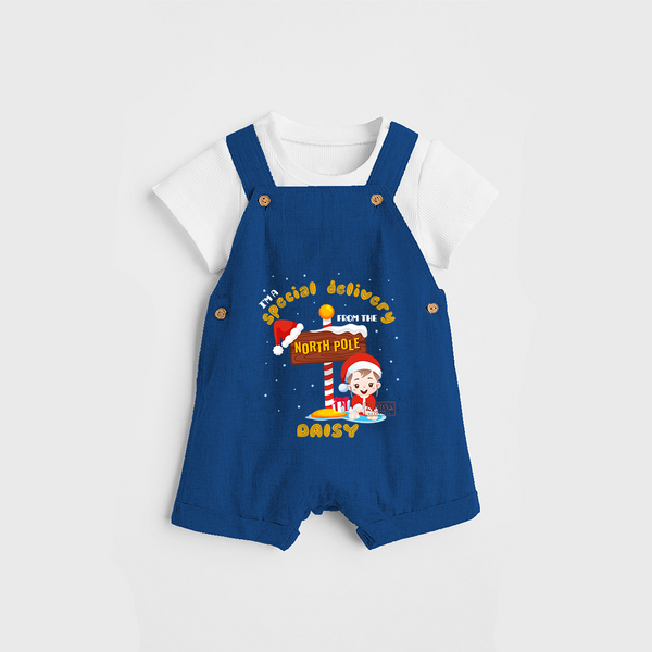 I'm A Special Delivery From The North Pole - Customized Christmas Themed Dungaree Set For Kids - COBALT BLUE - 0 - 5 Months Old (Chest 18")