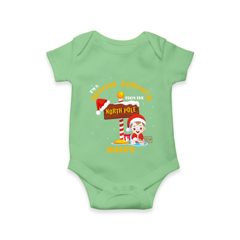 I'm A Special Delivery From The North Pole - Customized Christmas Themed Romper For Kids - GREEN - 0 - 3 Months Old (Chest 16")