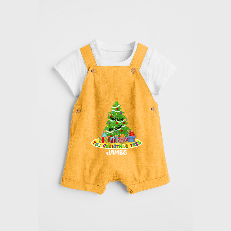 Christmas Tree - Customized Christmas Themed Dungaree Set For Kids - PASTEL YELLOW - 0 - 5 Months Old (Chest 18")