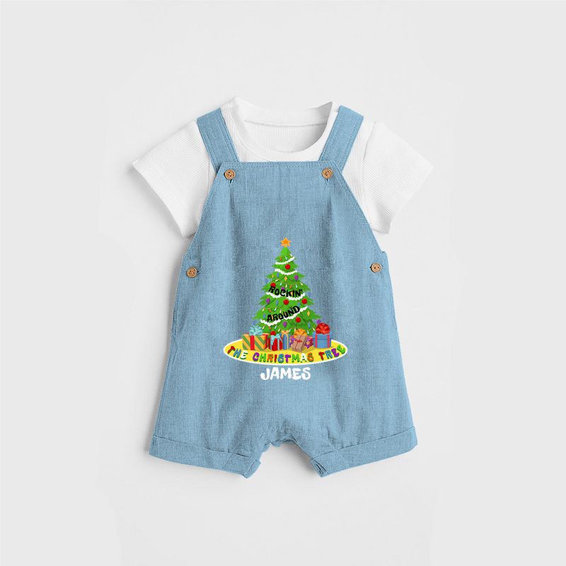 Christmas Tree - Customized Christmas Themed Dungaree Set For Kids - SKY BLUE - 0 - 5 Months Old (Chest 18")