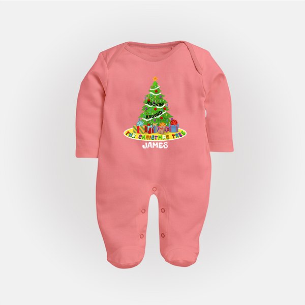 Christmas Tree - Customized Christmas Themed Sleep Suit For Babies - PEACH - New Born (Chest 7.5")