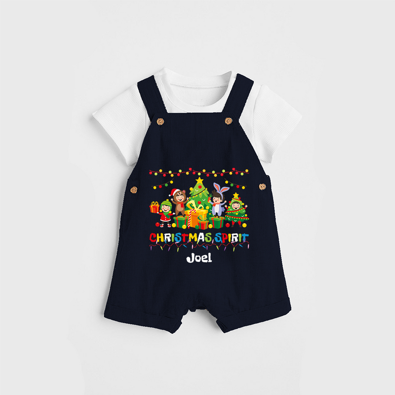 Christmas Spirit - Customized Christmas Themed Dungaree Set For Kids - NAVY BLUE - 0 - 5 Months Old (Chest 18")